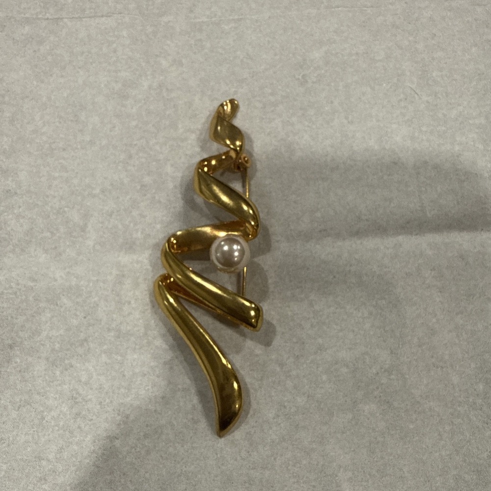 Vintage Designer Bj Pearl Gold Brooch, Abstract Modernist 80's Jewellery